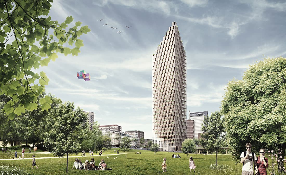 En skiss på det 34 våningar höga trähuset som vann HSB:s tävling.
