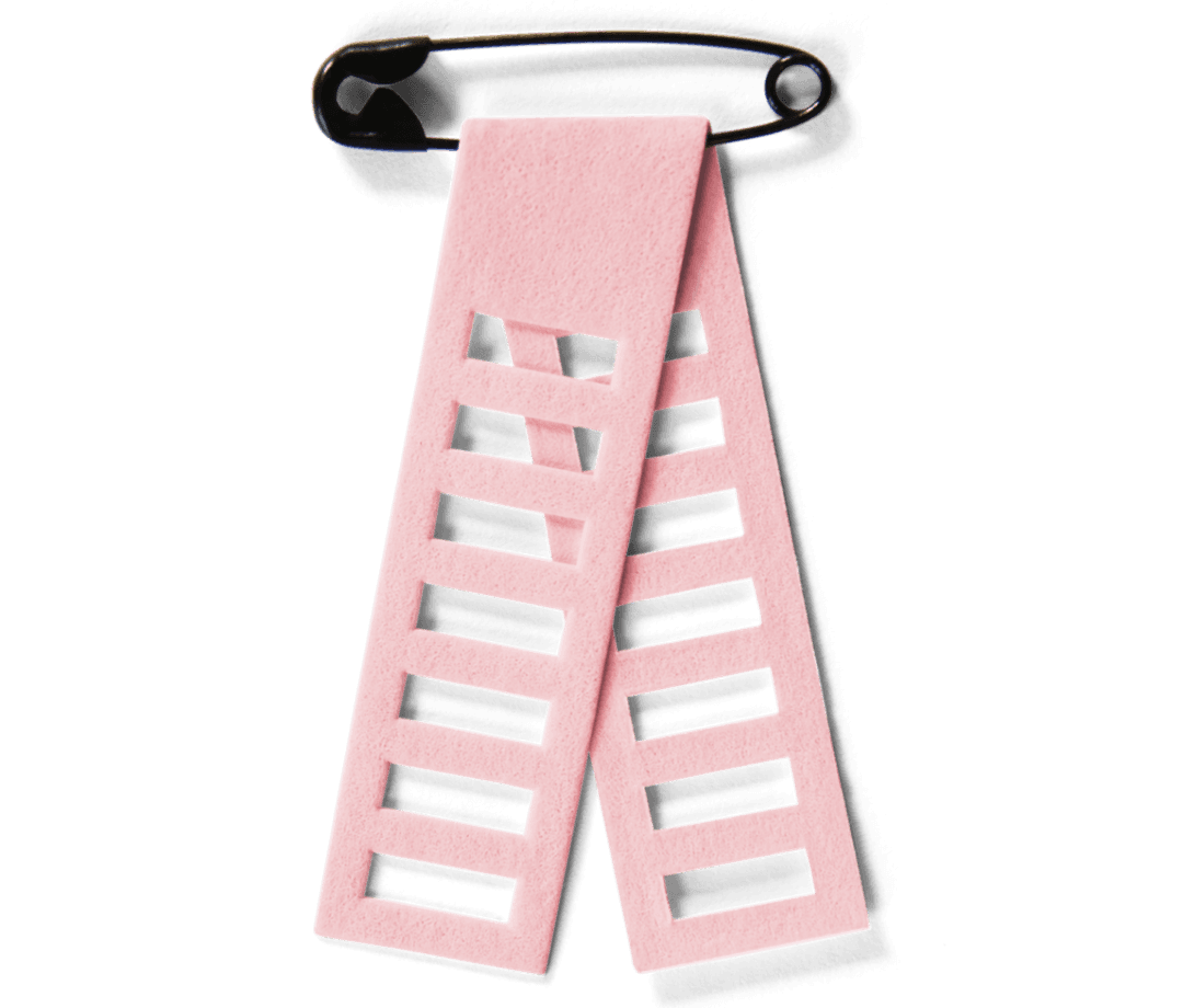 Cancerfondens rosa band är i år designat av Bea Szenfeld. Det är format som en stege och är givetvis tillverkat av slitstarkt papper.