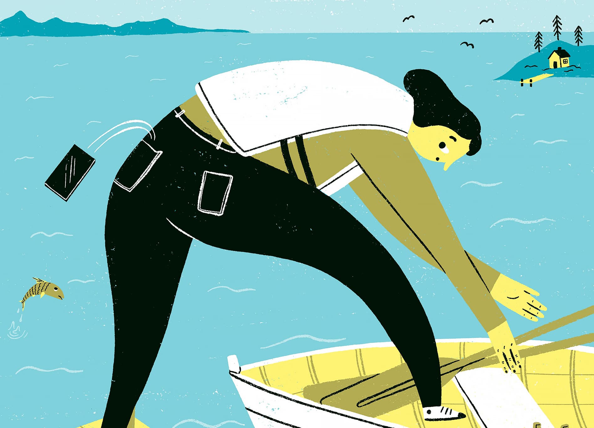 Illustration, kvinna kliver i båt och tappar mobilen i vattnet. Av Josephine Skapare