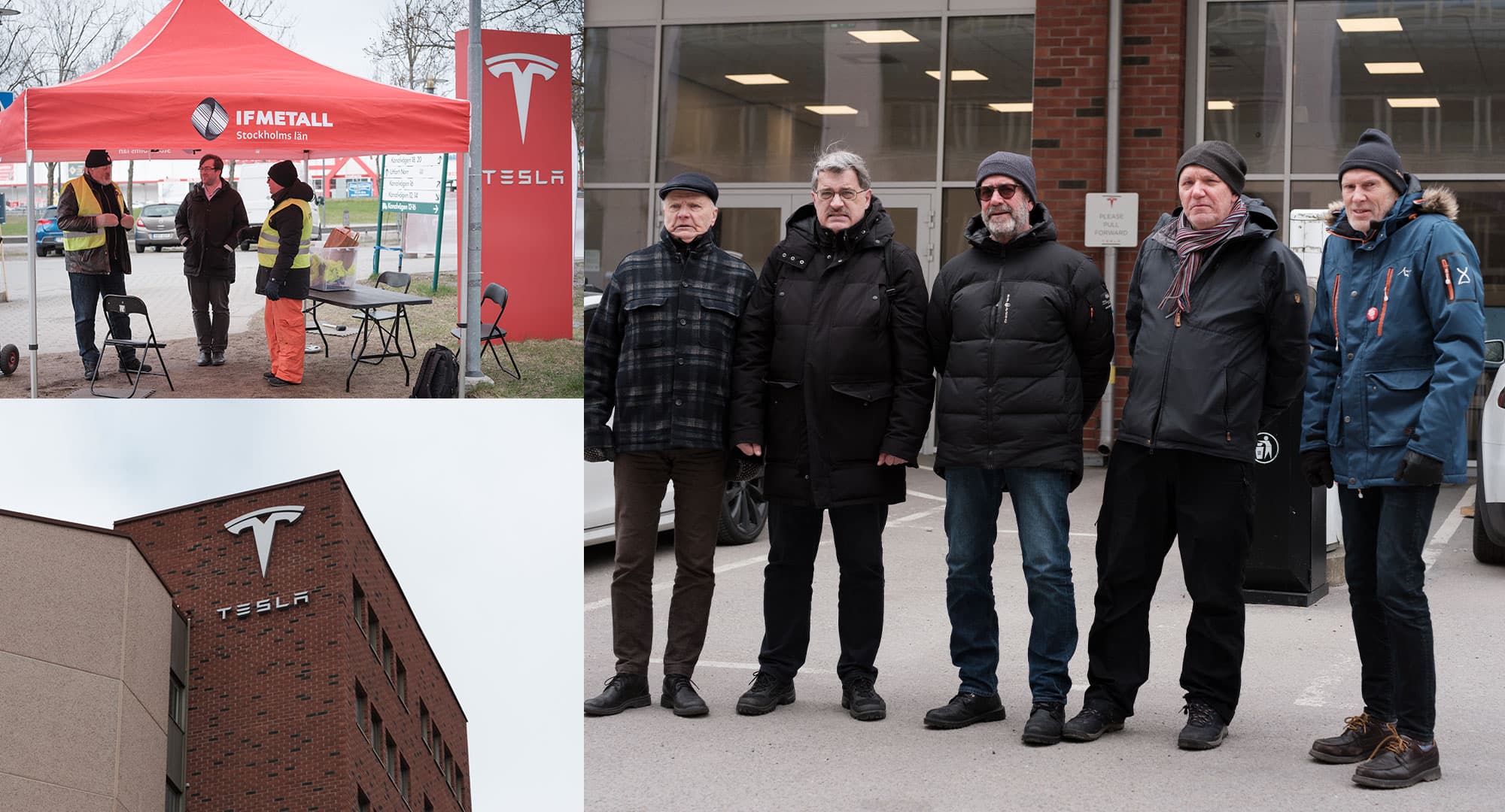 Civilister strejkar mot strejkbrytare utanför Teslas verkstad i Upplands Väsby. Foto: Jakob Joelson.