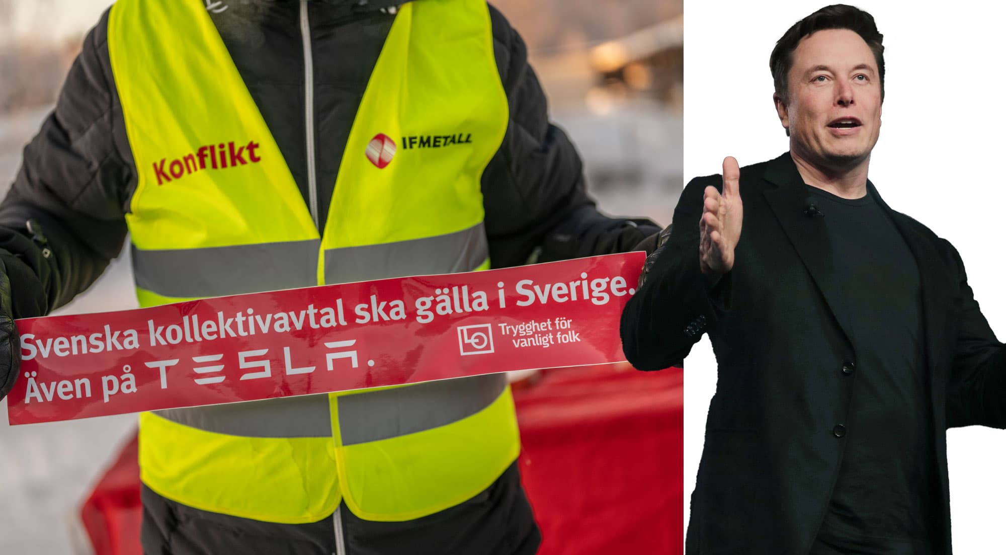Elon Musk avfärdar strejken i Sverige som överspelad. Foto: David Lundmark/TT (arkiv/montage).