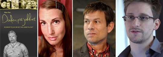 Källorna i Elinor Torps arbetsmiljöbok är nominerade till Årets Visslare. Andra nominerade är Niklas Orrenius, Edward Snowden och Linda Stark (saknas på bilden). Foto: DAGENS ARBETE och TT NYHETSBYRÅN