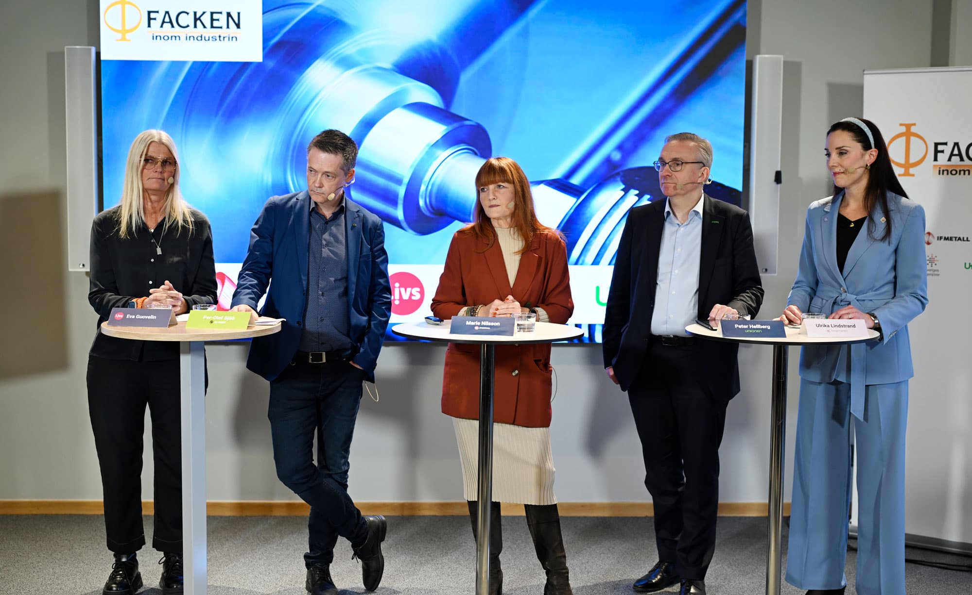 Eva Guovelin, Livs, Per-Olof Sjöö, GS-facket, Marie Nilsson, IF Metall, Peter Hellberg, Unionen och Ulrika Lindstrand, Sveriges ingenjörer. Foto: TT