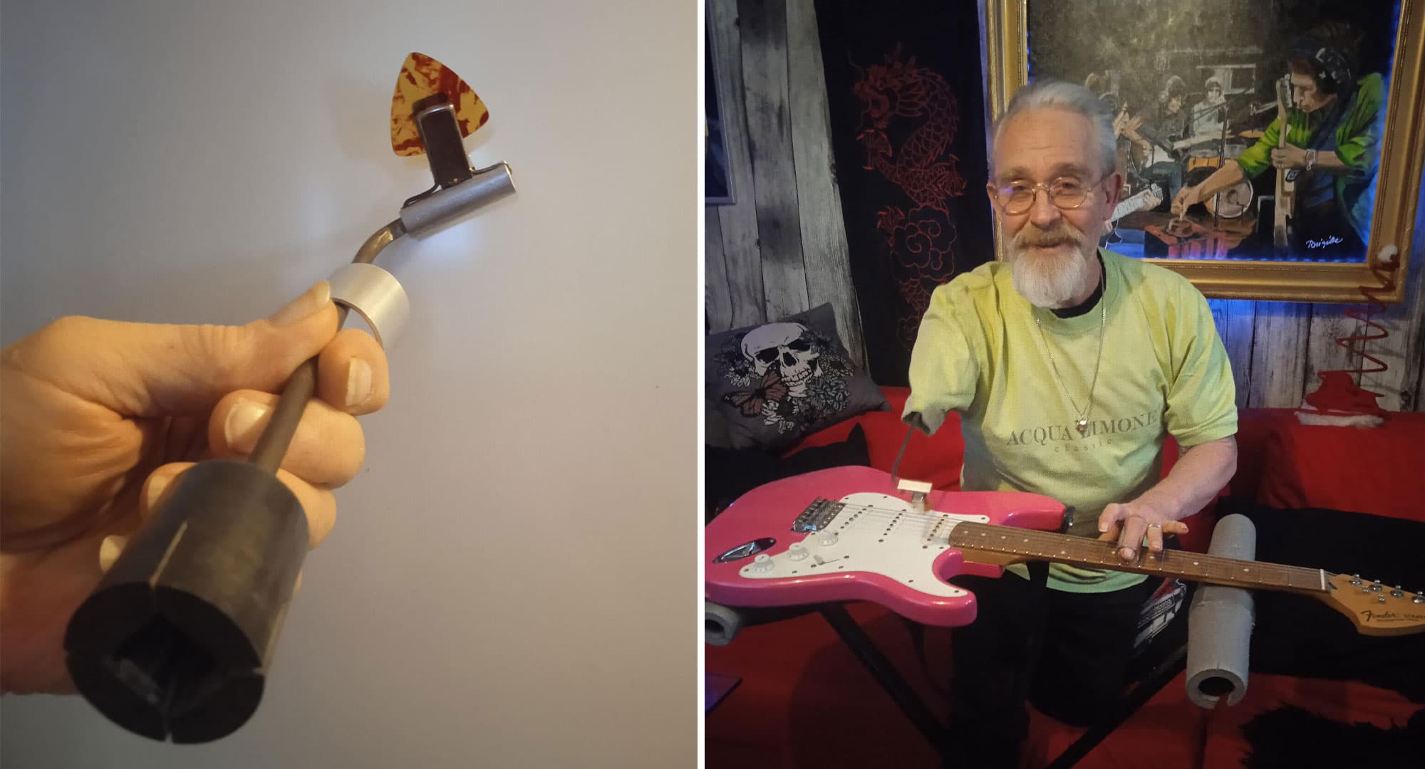 Det tog ett tag, men efter att ha förlorat sin arm i en arbetsplatsolycka byggde Mats Carlstedt en egen protes. För att kunna spela gitarr igen. Foto: Privat