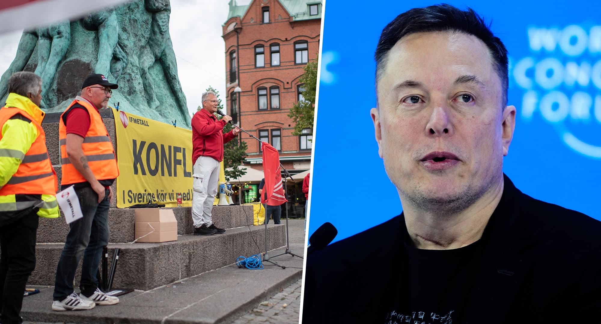 Det tyska facket IG Metall, som besökte Sverige 2024, menar att Elon Musk hotat personalen. Foto: Adam Daver & AP
