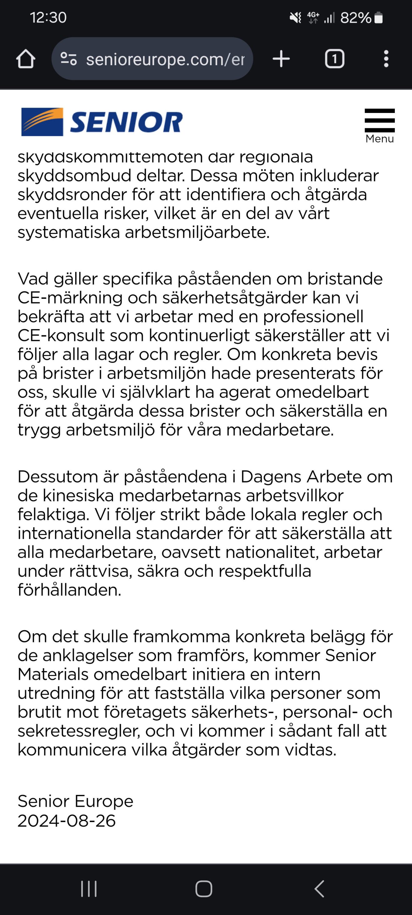 Skärmdump på pressmeddelandet från klockan 12.30 måndagen den 26 augusti. 