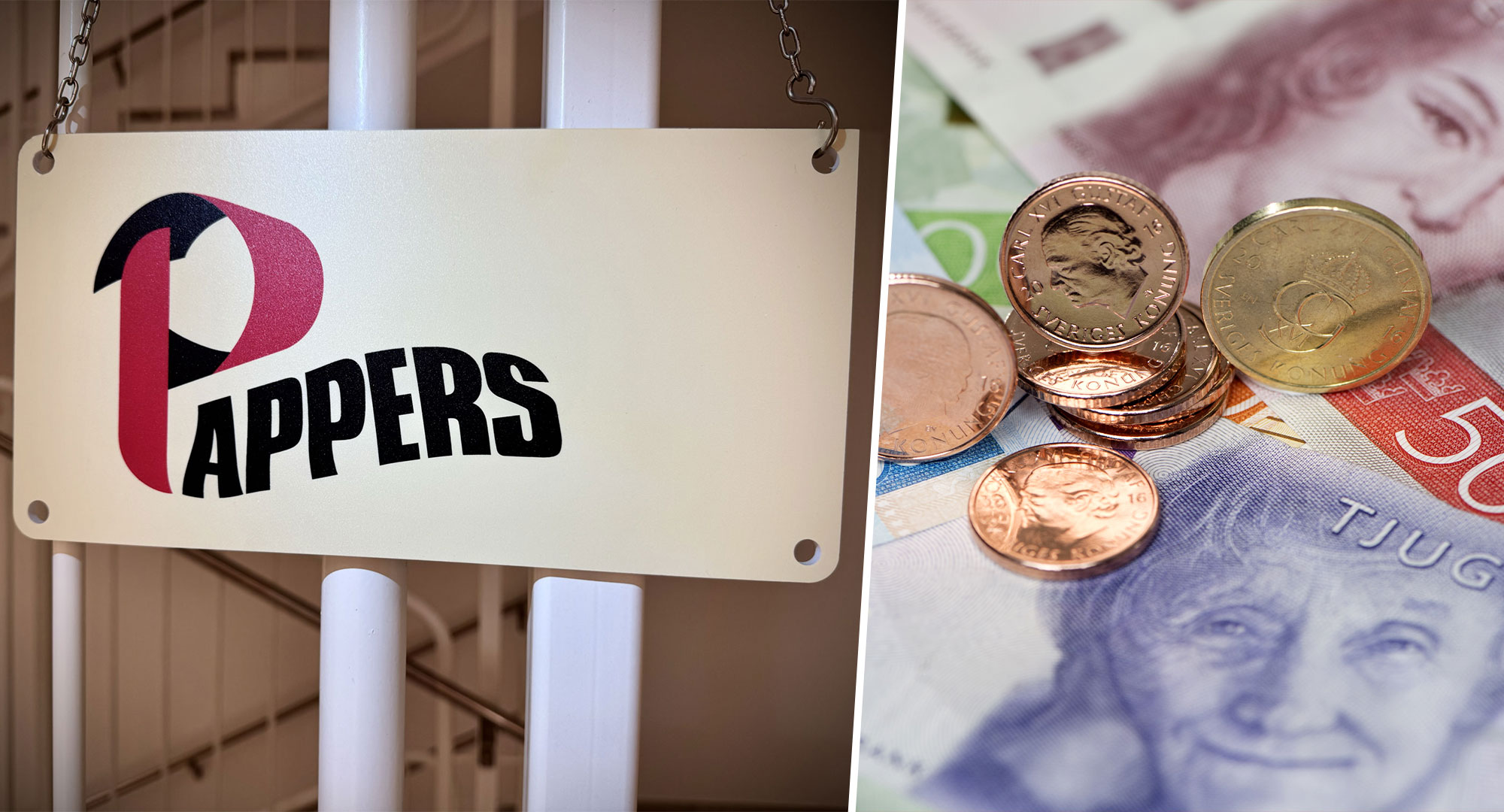 Fackförbundet Pappers logga och svenska kontanter.