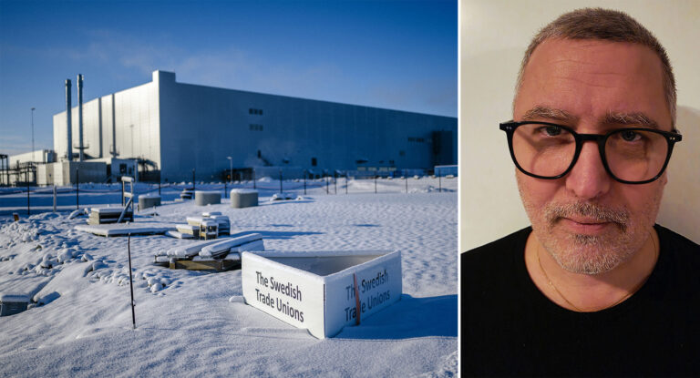 IF Metalls huvudskyddsombud, Stefan Pettersson, är en av få industriarbetare som jobbar på Lyten i Skellefteå. Foto: Privat & Jonas Westling/TT