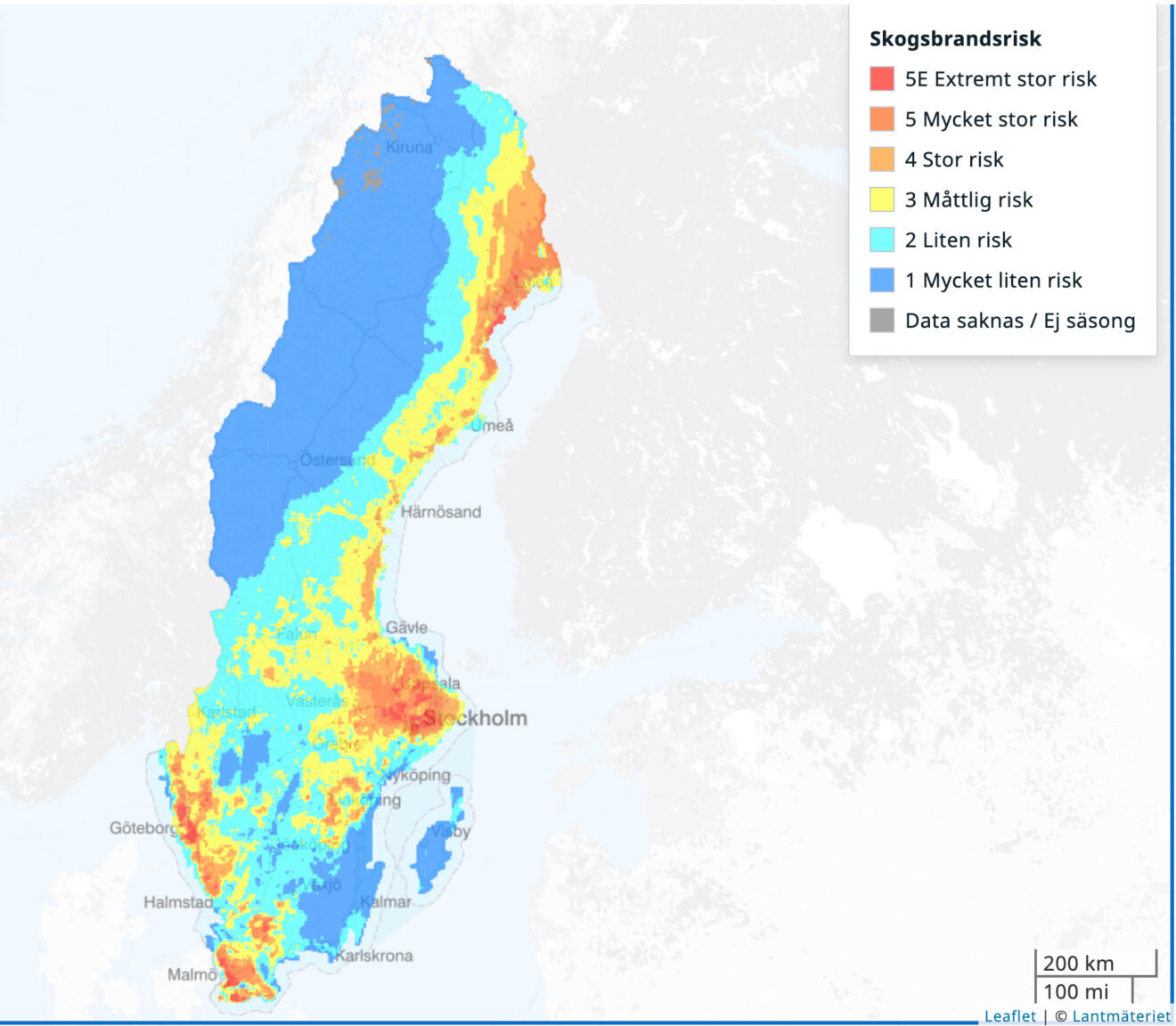 Skogsbrandssrisk. Kartan visar SMHI:s prognos för brandfara i landet under tisdagen. Foto: SMHI
