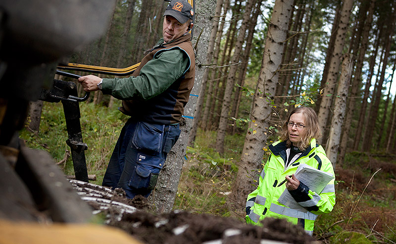 Tommy Wiström visar Pernilla Bergman att skördarens aggregat stannar när hyttens dörr öppnas. Foto: STINA JÄRPERUD
