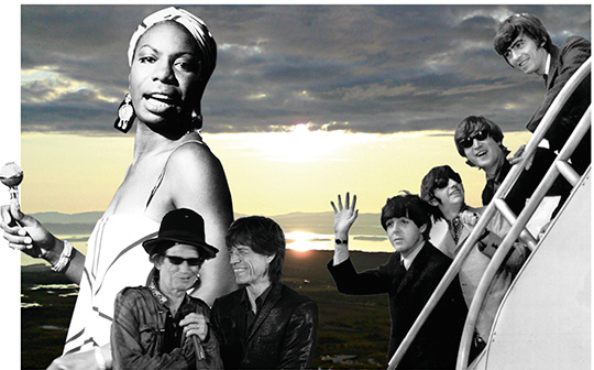 Soluppgång. Många artister hänvisar till ljuset som platsen för lycka. Nina Simone och de fyra Beatlesmännen hyllar att solen kommer fram, och Keith Richards och Mick Jagger hoppas att Gud låter den skina på den som har det tufft. Bilden är ett montage. Foto: LARS FALKDALEN LINDAHL och SCANPIX