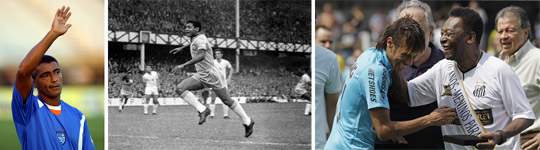 Romario, skyttekungen som blev politiker (till vänster), nya hoppet Neymar som uppmuntras av gamle Pelé (till höger), och Garrincha, dribblingskonstnären som dog i armod (mitten). Foto: TT NYHETSBYRÅN