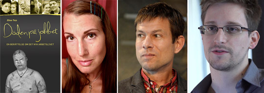 Källorna i Elinor Torps arbetsmiljöbok är nominerade till Årets Visslare. Andra nominerade är Niklas Orrenius, Edward Snowden och Linda Stark (saknas på bilden). Foto: DAGENS ARBETE och TT NYHETSBYRÅN