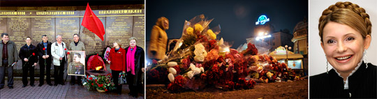 Från vänster: Stalinistiska demonstranter på Krimhalvön, tända ljus och blommor på Självständighetstorget i Kiev och "Gasprinsessan" Julia Timosjenko, som frigavs i samband men oroligheterna. Foto: TT NYHETSBYRÅN