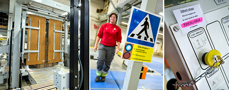 Det vimlar av transportband på Stora Enso i Skene, därför finns det säkra övergångar. Tryck på grön knapp, när ljuset är fast grönt står bandet stilla, återställ med röd knapp. Foto: ANNA SIGGE