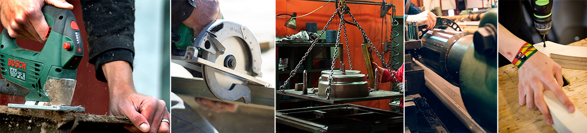 Från vänster: sticksåg, handhållen cirkelsåg, press, svarv och borr. Foto: TT NYHETSBYRÅN